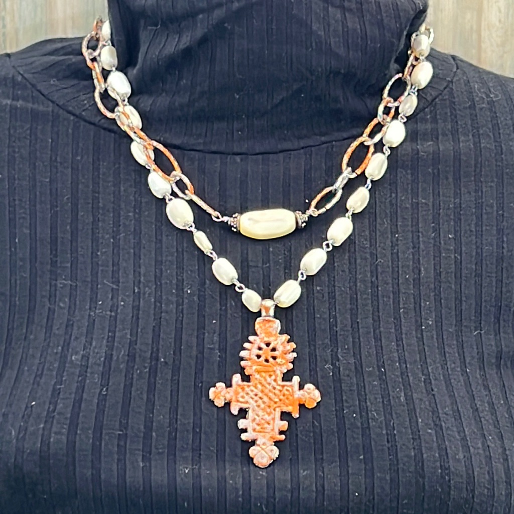 Adorned Crown Necklace Orange Tribal Cross Mother Of Pearl Beads Assemblage